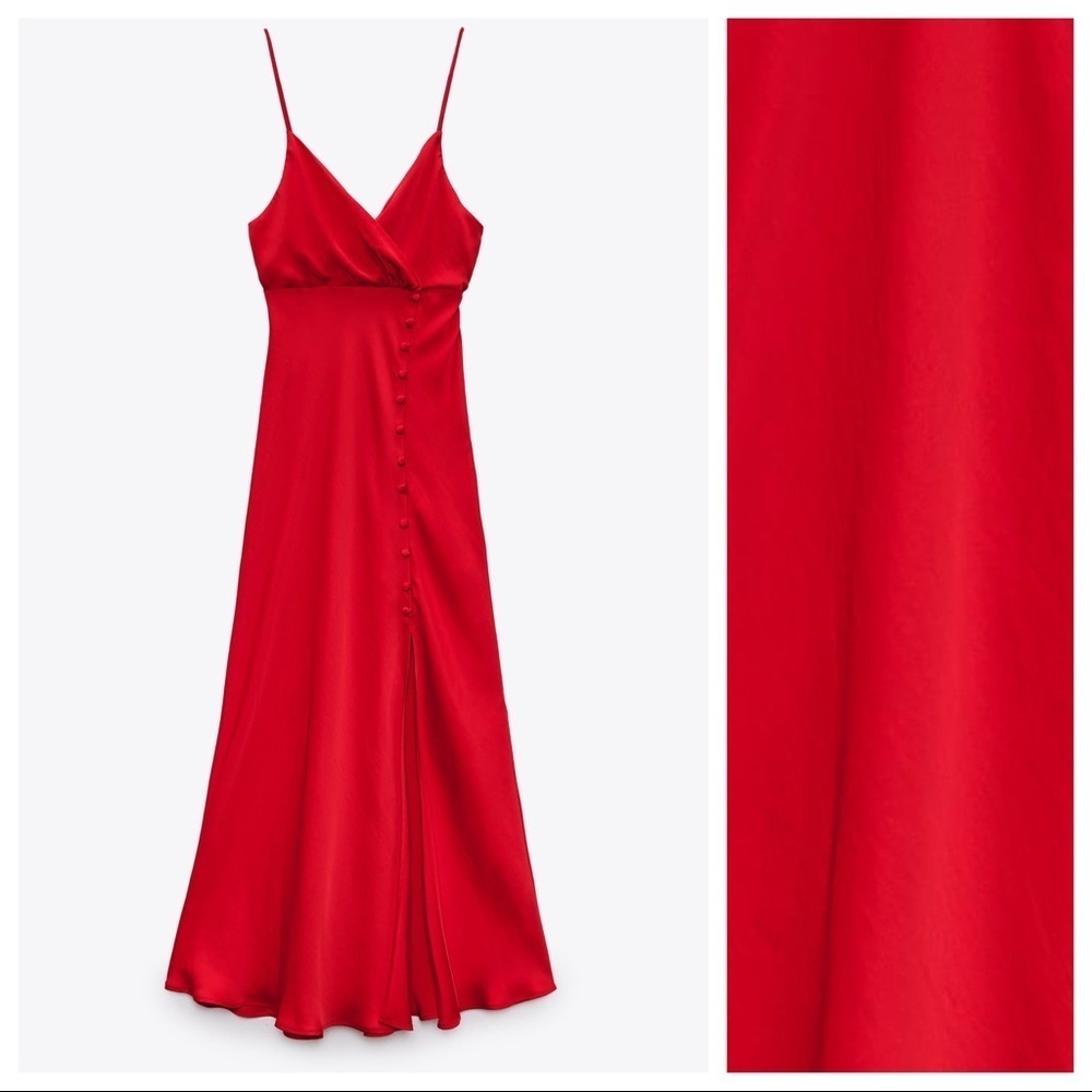 NWT. Zara Red Satin Camisole Strappy Slit Midi Dress. Size XS - Picture 6 of 10